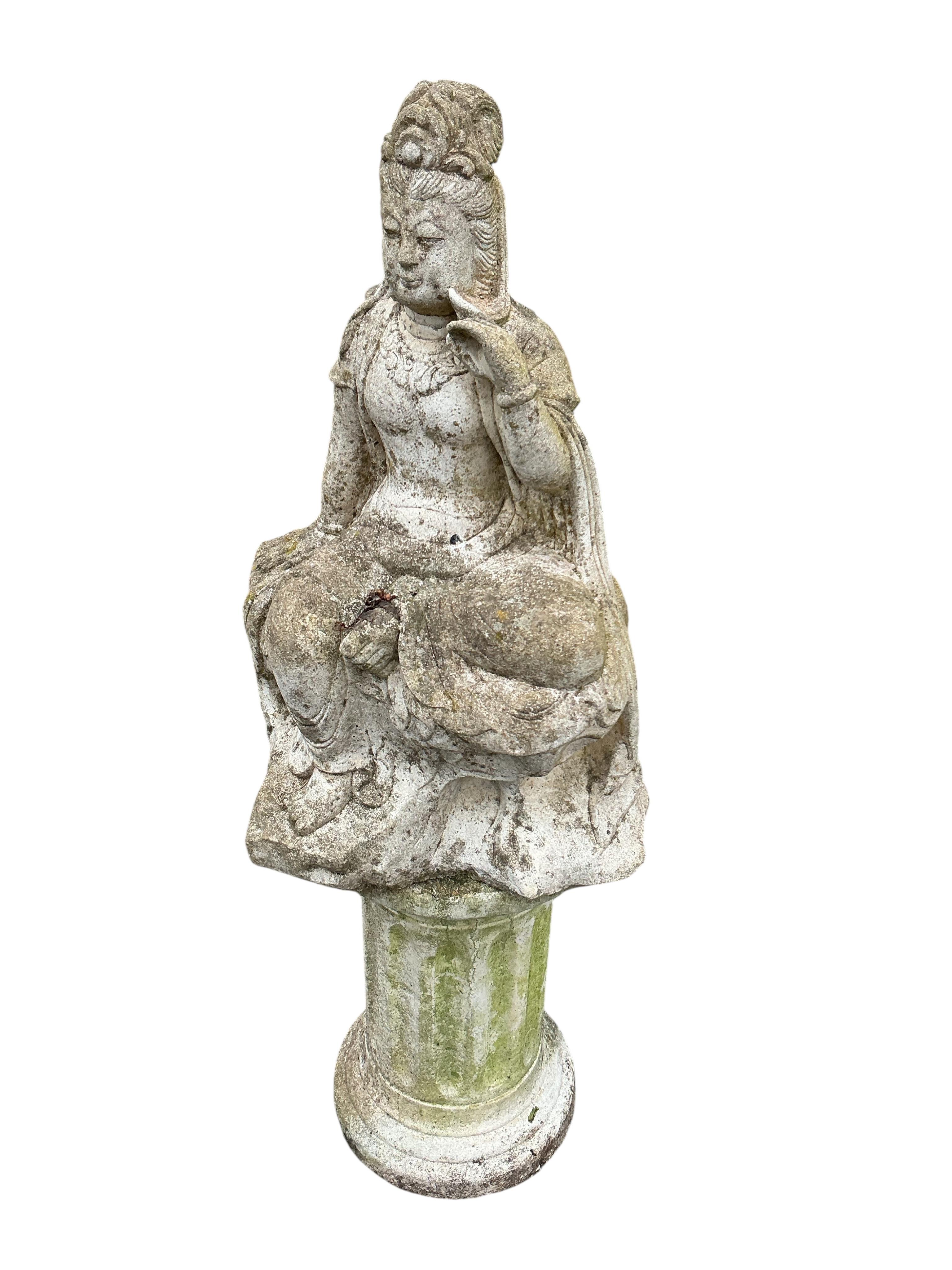 Two reconstituted stone Asian figure garden ornaments, larger height 84cm